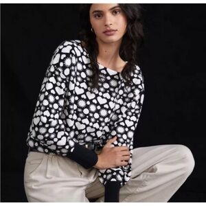 Maeve Anthropologie Heart Sweater Boat Neck Black White Sun Size XSmall